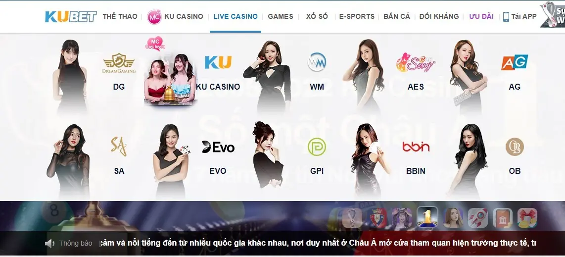 Sảnh live casino Kubet với các nhà cung cấp và dealer