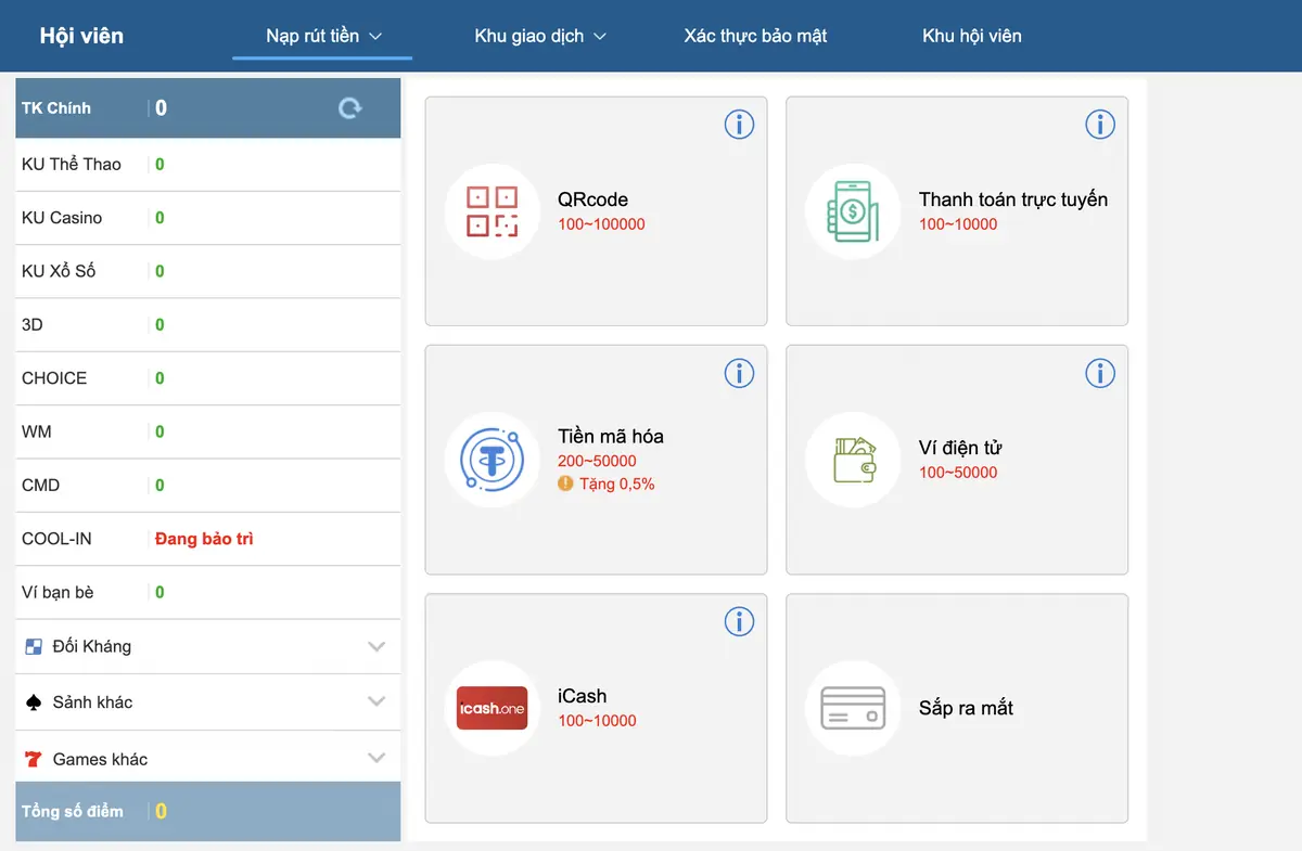 Màn hình chọn kênh nạp tiền Kubet: QR code, thanh toán trực tuyến, tiền mã hóa, ví điện tử