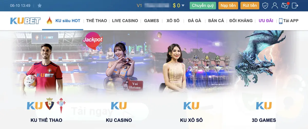 Giao diện trang chủ Kubet với các sảnh KU Thể Thao, KU Casino, KU Xổ Số, 3D Games